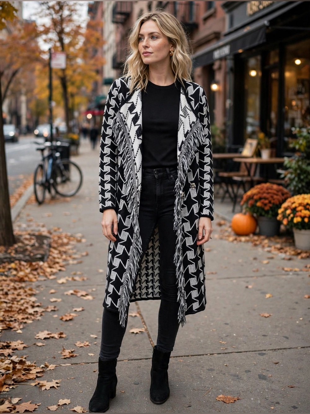 Fever Black & White Geometric Fringe Knit Cardigan